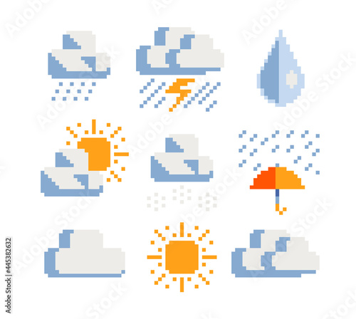 Weather symbols web icons pixel art set. Humidity, snow, rain and storms. Contains such icon as clouds, cloud cover and sun. Design for mobile app, sticker, logo. Game assets 8-bit. Isolated vector.