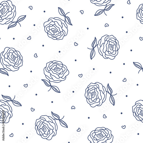 Vintage outline Roses seamless pattern. Blue tiny flower, dots and hearts on white. Hand drawn Garden Plant. Floral vector background for romantic fashion print design, fabric, textile, scrapbooking