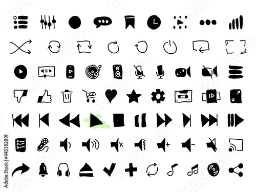 Set of black vector doodle icons, isolated against white background. Flat illustration on a theme audio and video player buttons. Fill, glyph