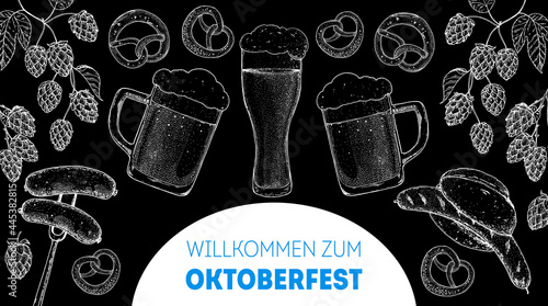 Oktoberfest menu design template. Beer glass and hops. German food sketch. Hand drawn vector illustration. German cuisine. Black and white. Engraved style. Hand drawn food, sketch illustration
