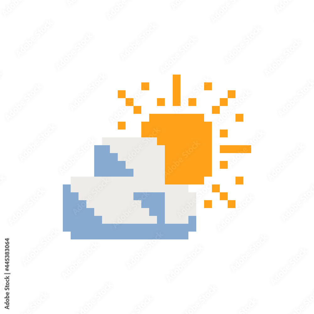 Weather app icon. Sun and clouds. Pixel art flat style. Web site design. 8-bit. Isolated abstract pixel art vector illustrations. Weather app icon. Sun and clouds. Pixel art flat style. Web site design. 8-bit. Isolated abstract pixel art vector illustrations.