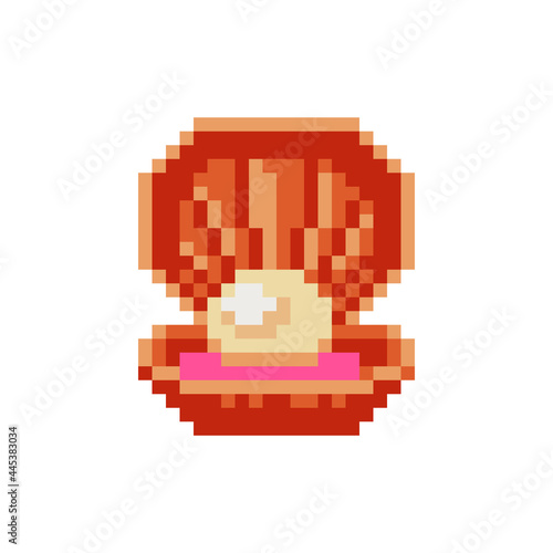 Seashell with a pearl pixel art icon. Shell pearl isolated vector illustration. 8-bit sprite. Design element for web, stickers, logo, mobile app, card, invitation. 