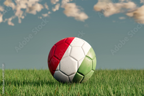 Soccer ball with the national colors of Hungary on a green meadow. Leather in slightly used look. Background blue with clouds. 3D illustration.