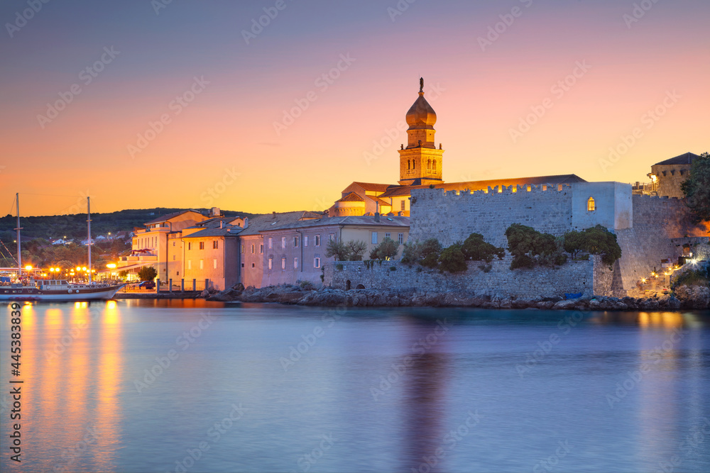 Town of Krk, Croatia. Cityscape image of Krk, Croatia located on Krk Island with the  Krk Cathedral at summer sunset.