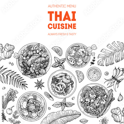 Thai food top view vector illustration. Food menu design template. Hand drawn sketch. Thai food menu. Vintage style.