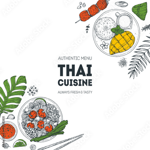 Thai food top view vector illustration. Food menu design template. Hand drawn sketch. Thai food menu. Vintage style.