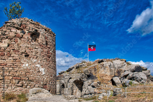 Beautiful view of Regenstein Castle in Blankenburg town in Germany with blue sky in a sunny day photo