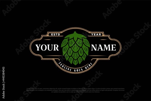 Old Vintage Green Hop for Craft Beer Brewing or Brewery Label Logo Design Vector