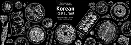 Korean food top view illustration. Hand drawn sketch. Bibimbap, kimchi, kimbap, dumplings mandu, noodles, skewers. Korean street food, take away menu design. Vector illustration.