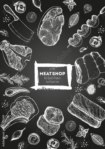 Meat top view frame. Vector illustration. Engraved design. Hand drawn illustration. Pieces of meat design template.