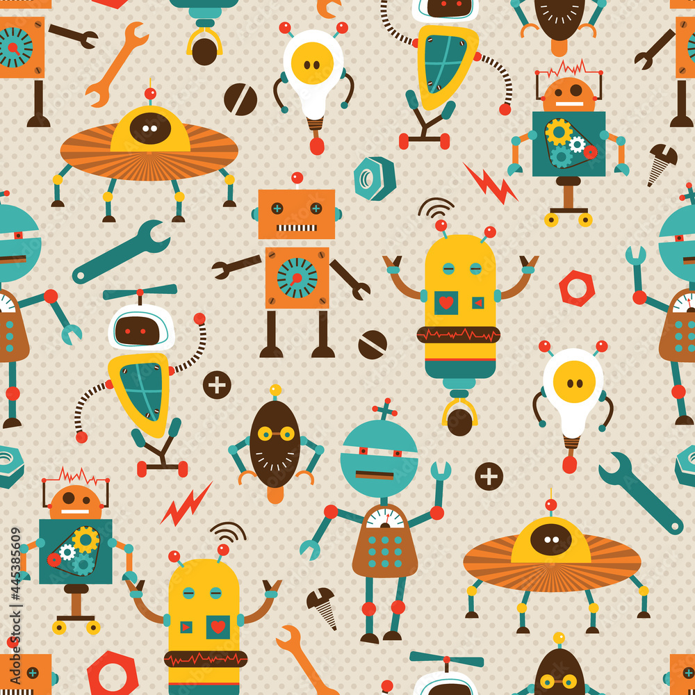 Mechanical Robots Vector Seamless Kids Pattern Mechanical Robots Vector Seamless Kids Pattern