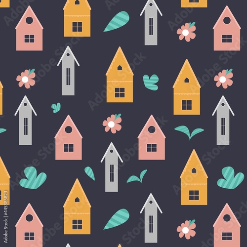Cute houses, leaves and flowers.Seamless pattern for textiles, wallpaper, fabric.