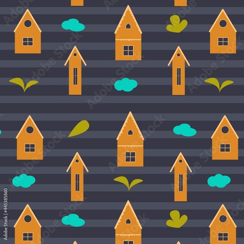 Cute houses, leaves and flowers.Seamless pattern for textiles, wallpaper, fabric.