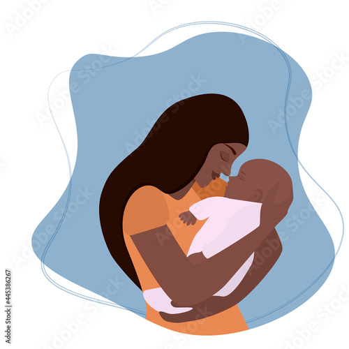 young mother with a newborn baby. Mother holds a sleeping baby in her arms and smiles. Woman is breastfeeding, the happiness of motherhood. Flat vector illustration