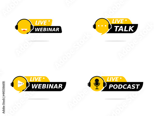 live webinar sign bundle with microphone isolated on white.video internet conference icon and button. internet live streaming on podcast program. telecommunications, remote network, digital education