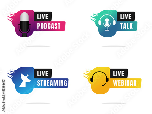 live webinar logo bundle with microphone isolated on white.video internet conference icon and button. internet live streaming on podcast program. telecommunications, remote network, digital education