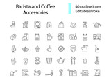 Barista and coffee accessories outline icons set. Coffee shop equipment. Editable stroke. Isolated vector illustration