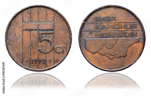 Netherlands guilder 5 coin  closeup 1992