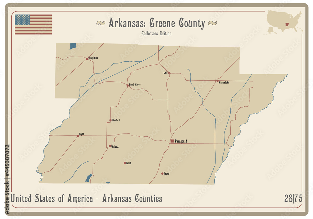 Map on an old playing card of Greene county in Arkansas, USA.