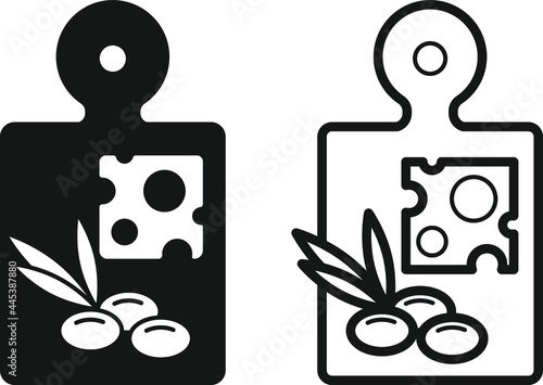 Chopping board, cheese, olive  and Cheese knife icon , vector