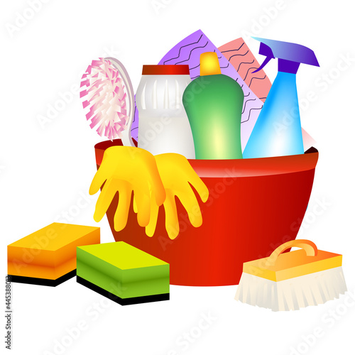 House work cleaners, dusters, washing products, sponges, supplies and tools isolated on white background. Sanitation, chemistry and hygiene service vector illustration.
