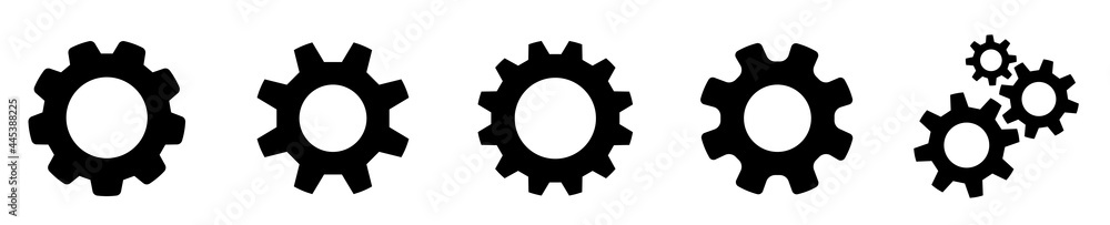 Gear set. Setting gears icon. Cogwheel group. Gear design collection. Black gear wheel icons on white background - stock vector. - obrazy, fototapety, plakaty 