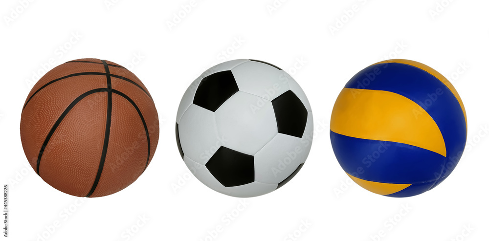 Basketball ,Soccer ball and Volleyball isolated on white Background. Team sport game concept.