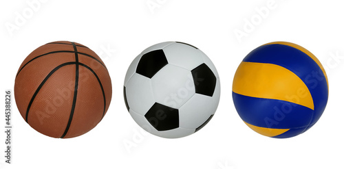 Basketball ,Soccer ball and Volleyball isolated on white Background. Team sport game concept.