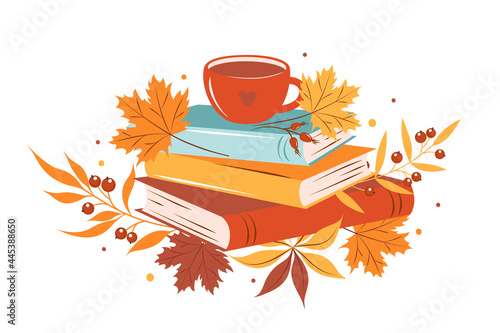 Books, cup coffee or tea with autumn bright leaves on white background.  Design for greeting card, Sale or promotional poster. Vector illustration
