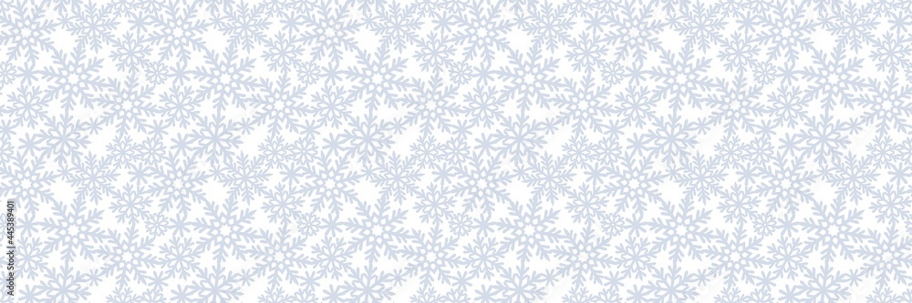 Long rectangular background with snowflakes. Seamless pattern on the theme of christmas, winter, snowfall. Gray silvery snow on white background. Endlessly repeating texture for fabrics, pillows, web. Long rectangular background with snowflakes. Seamless pattern on the theme of christmas, winter, snowfall. Gray silvery snow on white background. Endlessly repeating texture for fabrics, pillows, web.
