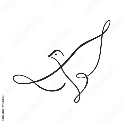 Continuous one line drawing bird. Flying pigeon logo. Black and white vector illustration. Concept for logo, card, banner, poster, flyer