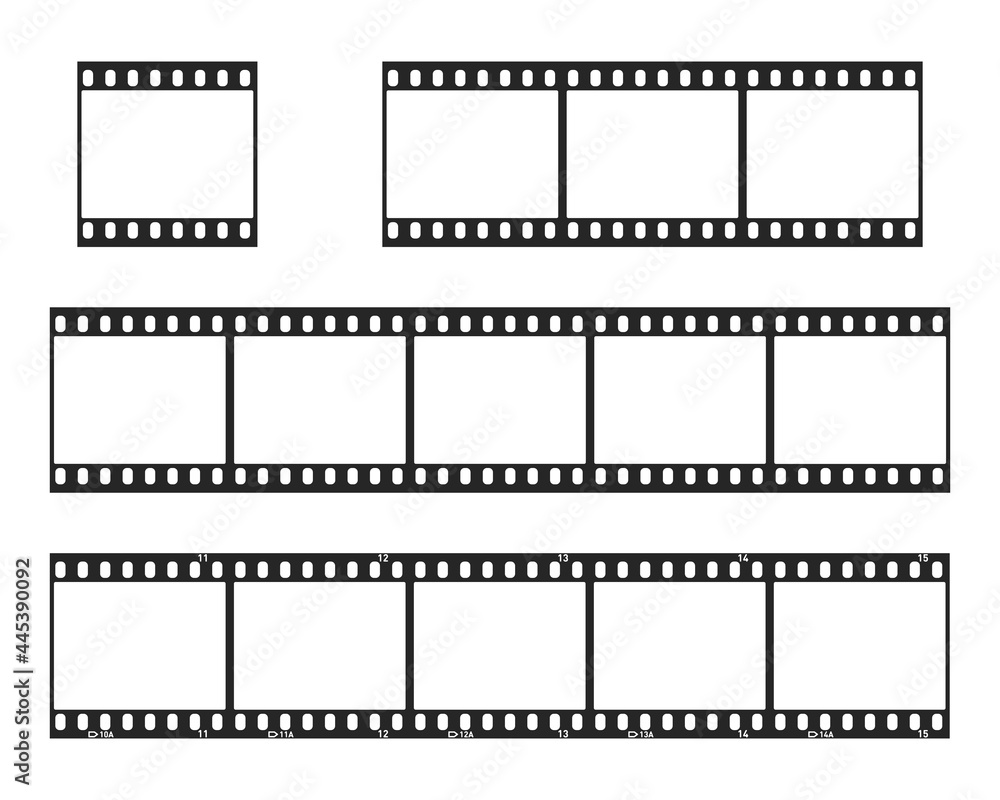 Blank film strip collection. Empty film or photo frames set. Negative film, filmstreifen. Vector illustration