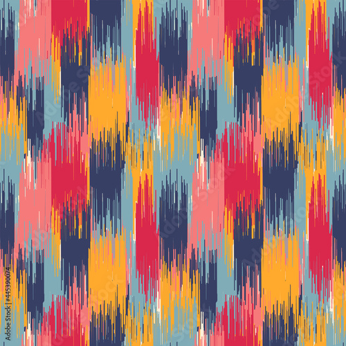 IKAT Digital Seamless Pattern, traditional ikat fabric weaving technique. Abstract multicolor fabric design