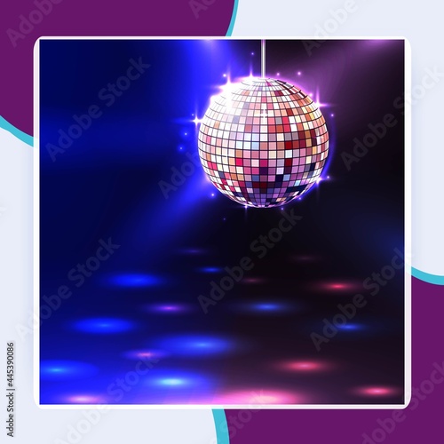 Modern illuminating disco ball sphere with spotlights disco background vector illustration