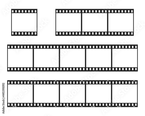 Blank film strip collection. Empty film or photo frames set. Negative film, filmstreifen. Vector illustration