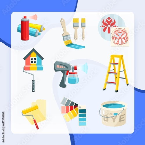 Painting work decorative icons set with bucket roller color palette isolated vector illustration