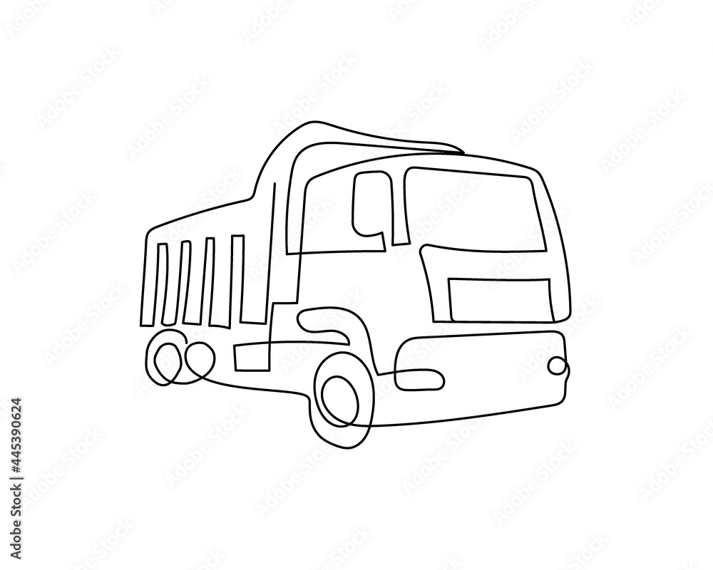 Dump truck continuous line drawing. One line art of commercial vehicle