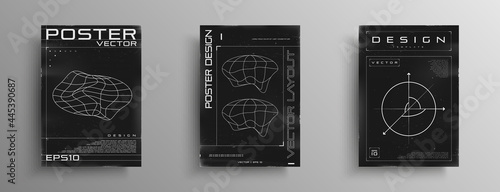 Set of retrofuturistic black and white posters with HUD elements, geometry 3D space in the form of a circle with three axes, and wireframe liquid distorted ellipse planet. Vector photo