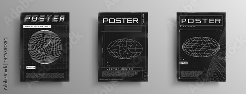 Set of retrofuturistic posters with HUD elements, perspective laser grid, and wireframe liquid distorted ellipse planet. Black and white retro cyberpunk style poster cover design. Vector