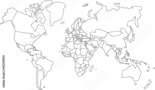 Vector map of The World to study colorless with outline, black and white
