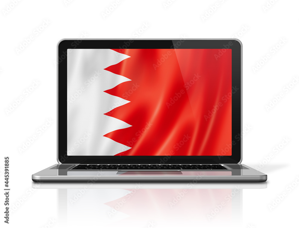 Bahrain flag on laptop screen isolated on white. 3D illustration Bahrain flag on laptop screen isolated on white. 3D illustration