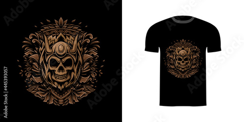retro illustration skull for tshirt design, badge design character with engraving ornament