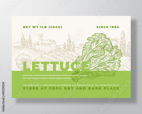 Lettuce Label Template. Abstract Vector Packaging Design Layout. Modern Typography Banner with Hand Drawn Salad Leaves and Rural Landscape Background. Isolated