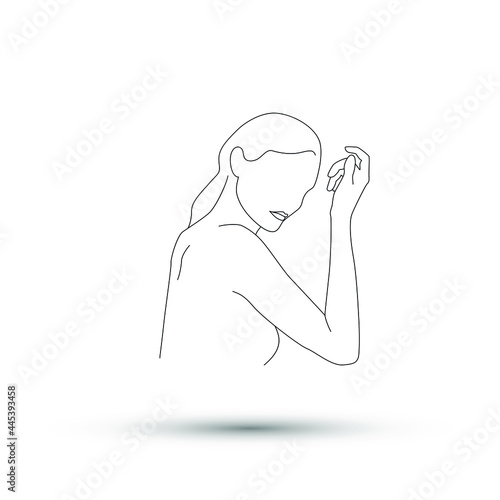 Fototapeta Naklejka Na Ścianę i Meble -  Vector thin line minimalistic illustration of woman. Body care drawing isolated on a white background.