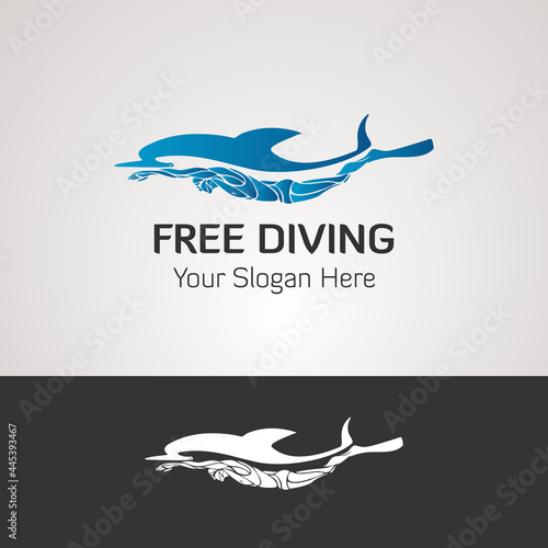 Free diver and dolphin. Freediving logo vector illustration