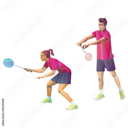 Badminton players mixed doubles team, man and woman start badminton game, vector badminton serve