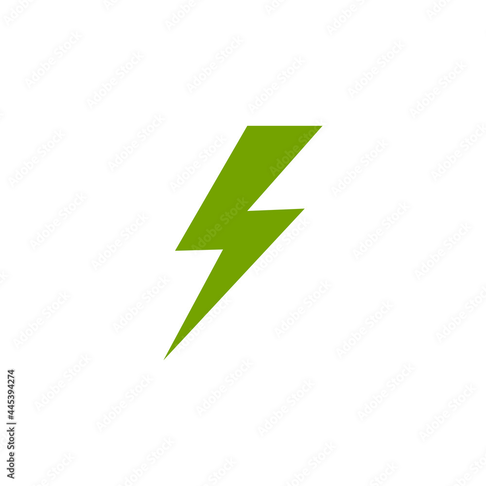 Green lightning bolt simple flat icon. storm or thunder and lightning strike sign isolated on white. Green lightning bolt simple flat icon. storm or thunder and lightning strike sign isolated on white.