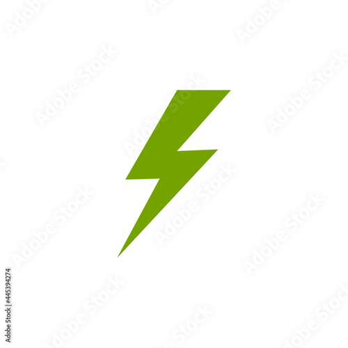 Green lightning bolt simple flat icon. storm or thunder and lightning strike sign isolated on white.