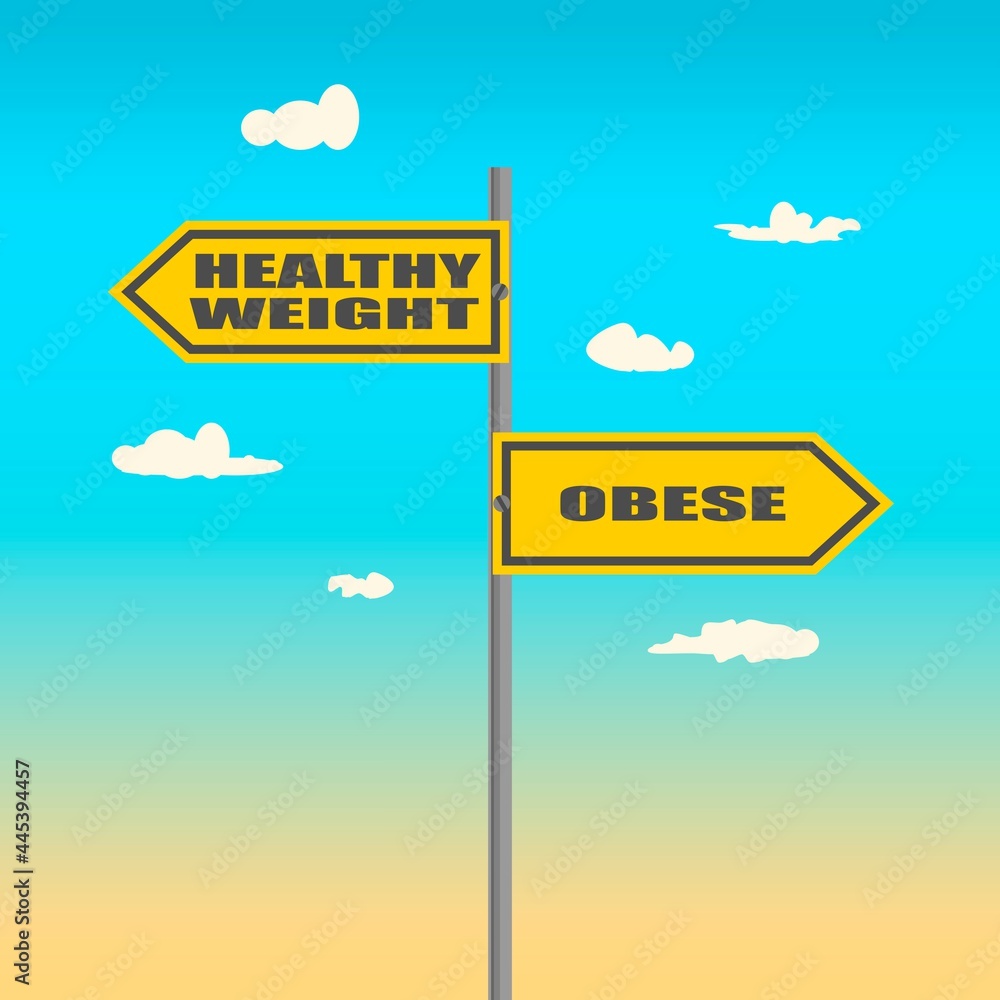 Road signs with normal weight and obesity text pointing in opposite