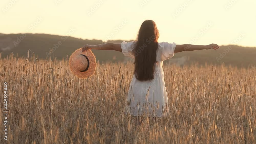 Young woman 25-30 years old with long hair in a wheat field on a summer day Young woman 25-30 years old with long hair in a wheat field on a summer day